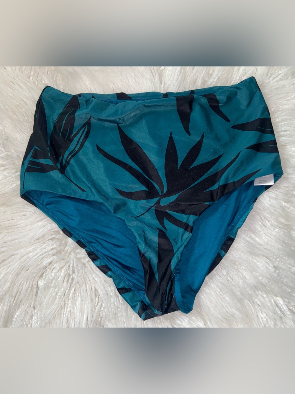 Lole Teal Bikini Bottom with Black Tropical Leaf Print